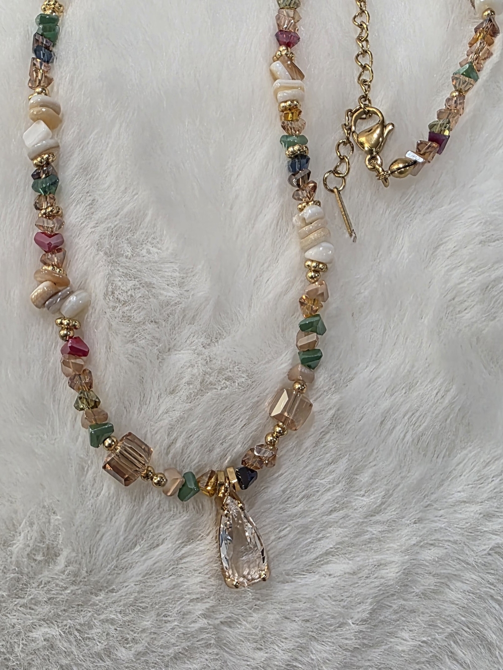 Stainless Steel Multicolor Beaded Necklace with Gold Teardrop Pendant